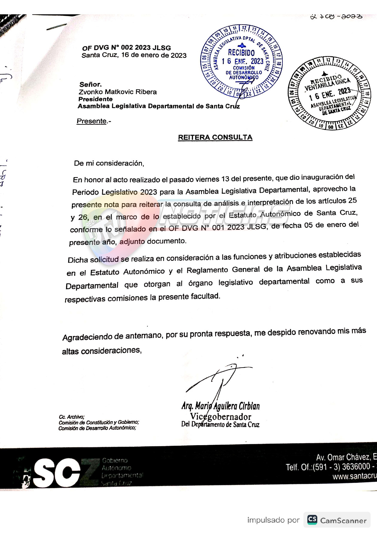 Vicegobernador pidió en dos ocasiones a la Asamblea cruceña interpretar artículos de suplencia de Camacho