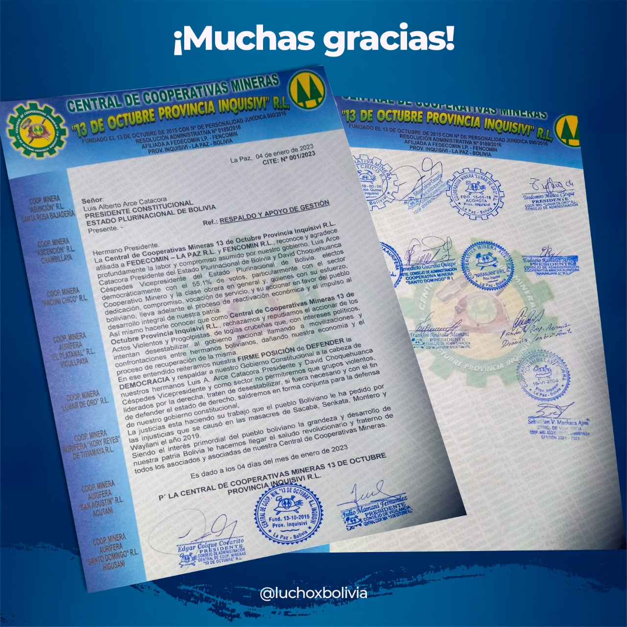 Central de Cooperativas Mineras 13 de Octubre respalda al Gobierno y rechaza actos violentos en Santa Cruz