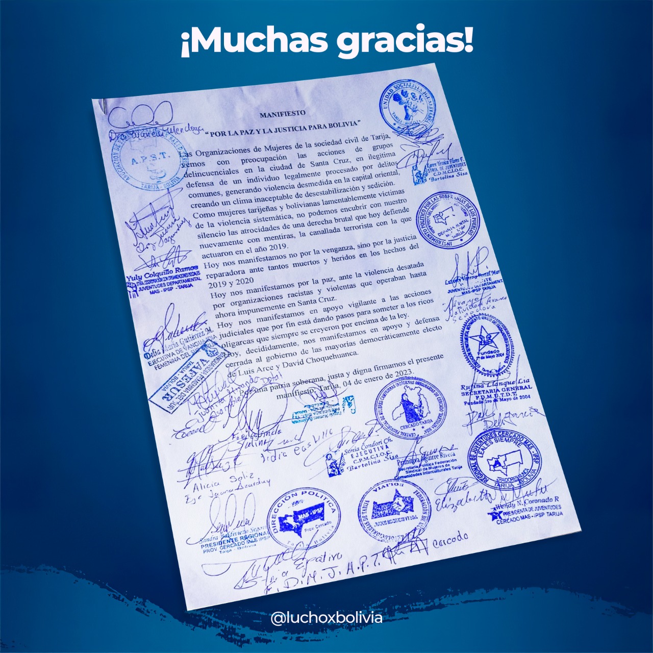 Mujeres de la sociedad civil de Tarija manifiestan su apoyo y defensa al Gobierno de Arce y Choquehuanca