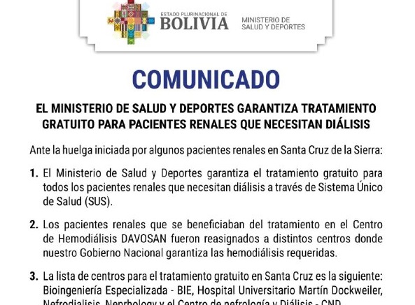 Salud garantiza tratamiento gratuito a pacientes renales en Santa Cruz, habilita cinco centros de Hemodiálisis 