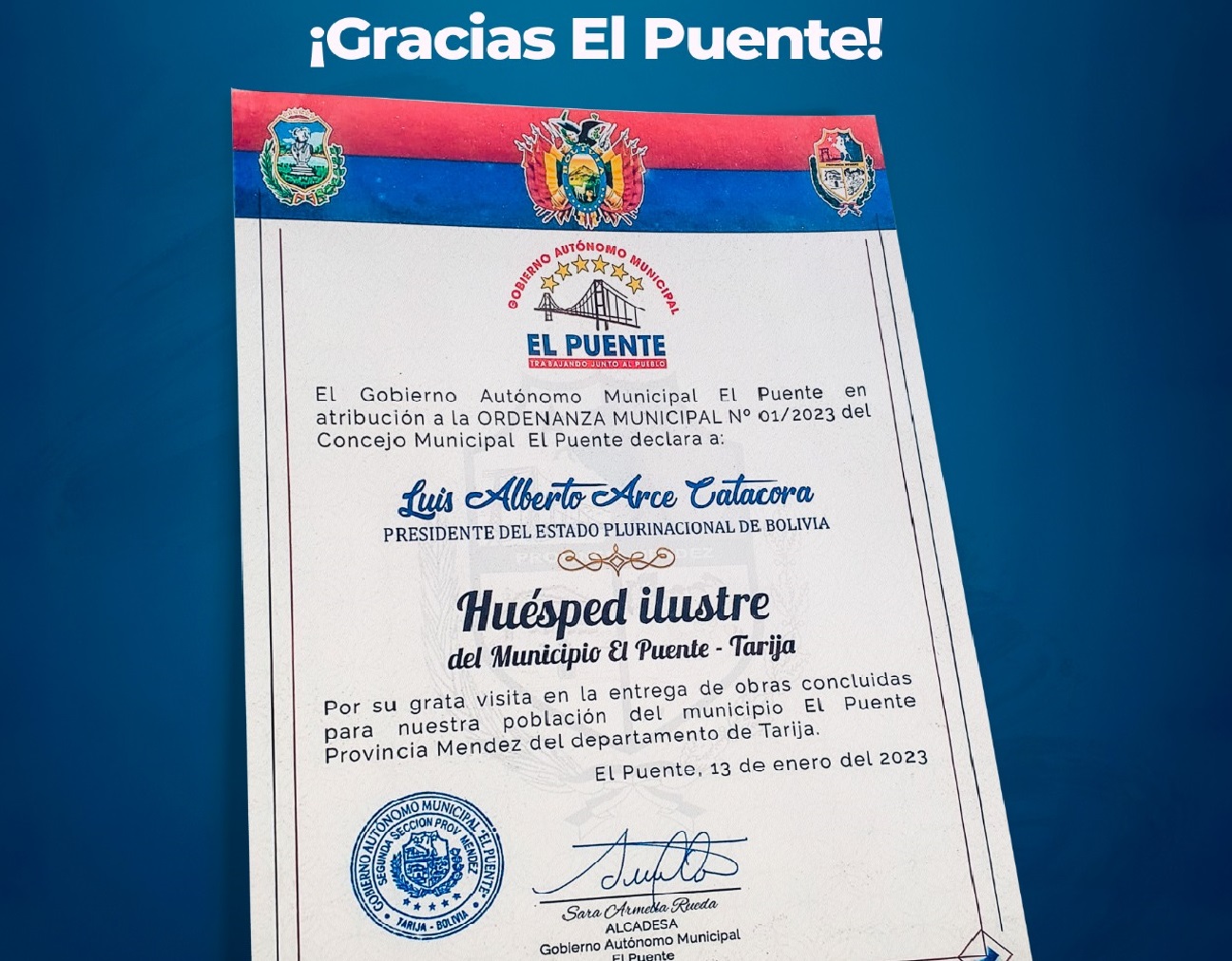 El presidente agradece al municipio El Puente por nombramiento de Huésped Ilustre