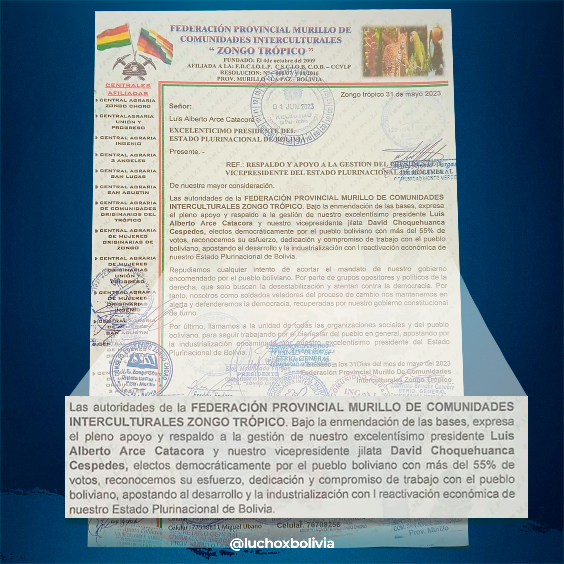 Arce: Es nuestro deber defender la democracia de afanes desestabilizadores y golpistas