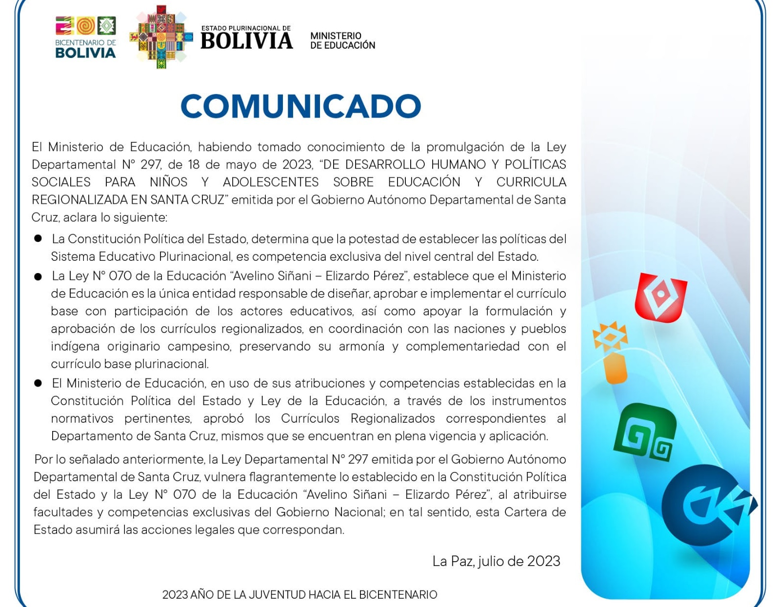 Educación aclara que ley departamental sobre currículo regionalizado en Santa Cruz vulnera la CPE