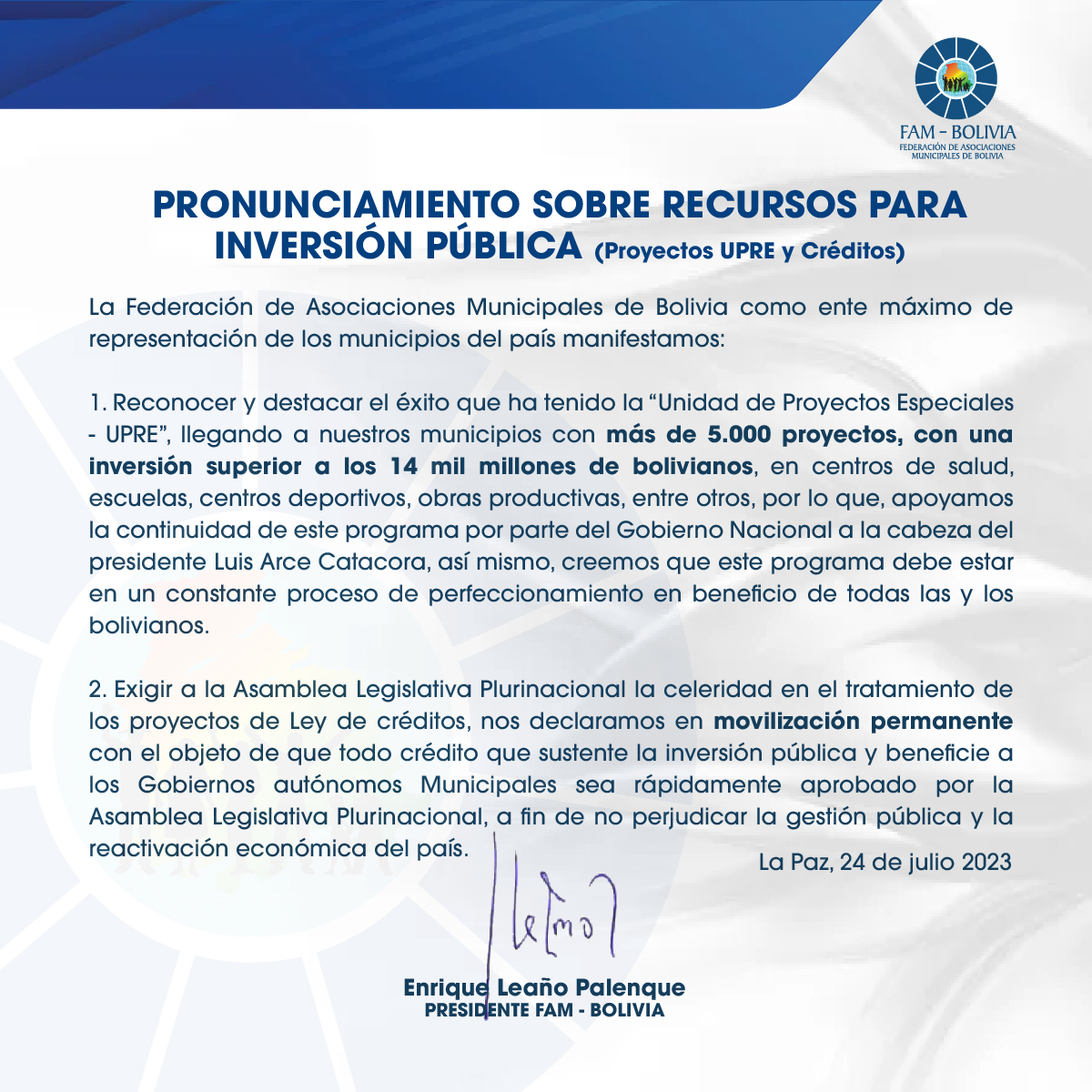 FAM respalda programa Bolivia Cambia y demanda al Legislativo aprobar créditos de inversión