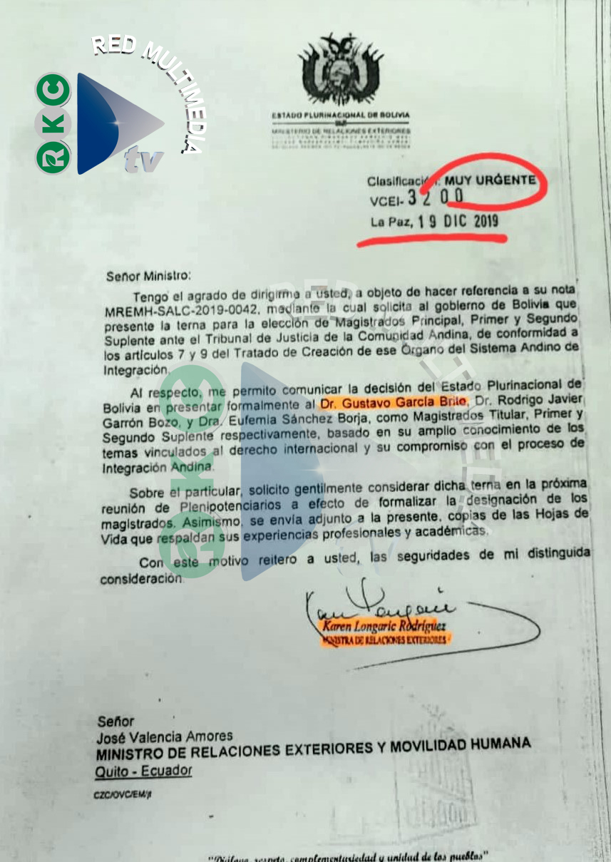 Carta con sello “muy urgente” revela que magistrado boliviano que falló contra Bolivia fue nombrado en gobierno de facto de Áñez