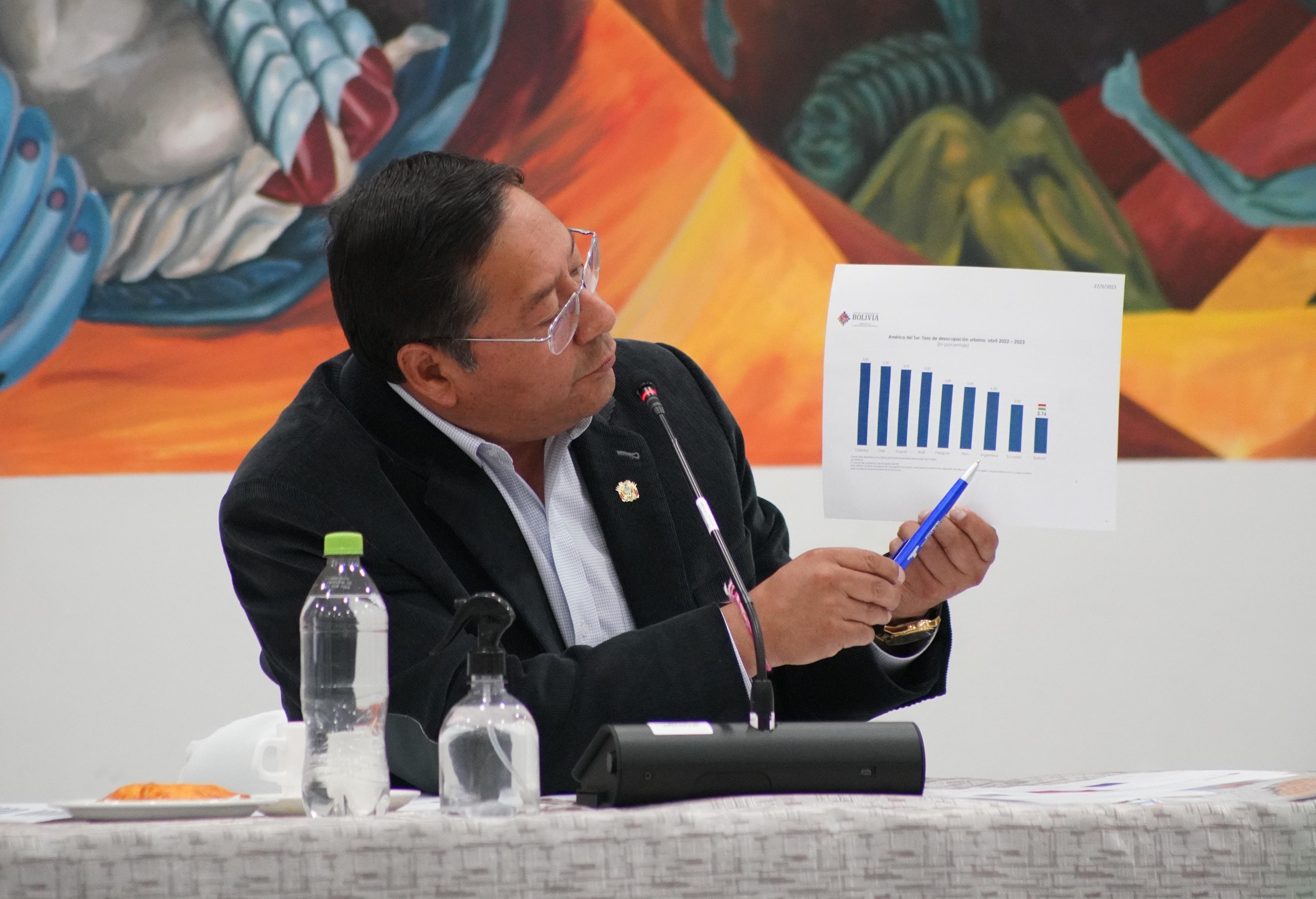 El presidente del Estado, Luis Arce, en un diálogo con peridistas en la Casa Grande del Pueblo. Foto: Comunicación Presidencial.