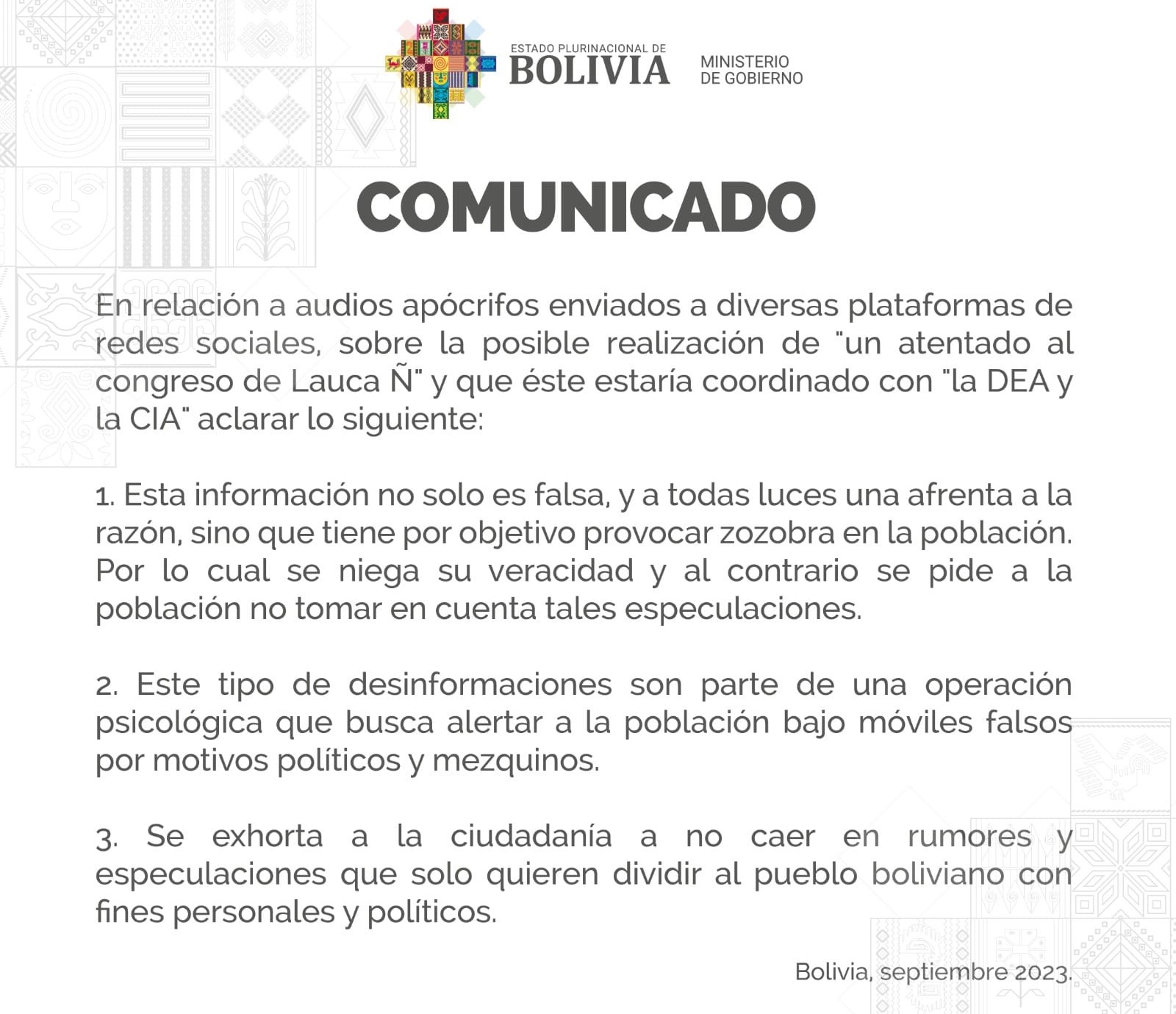 Gobierno descarta veracidad de audios sobre supuesto atentado en congreso de Lauca Ñ y ve intento de crear zozobra