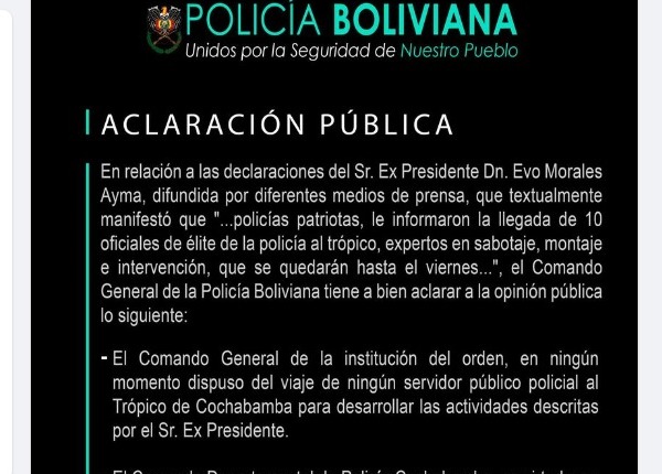 Policía niega denuncia del expresidente Morales sobre envío de policías de élite al Chapare