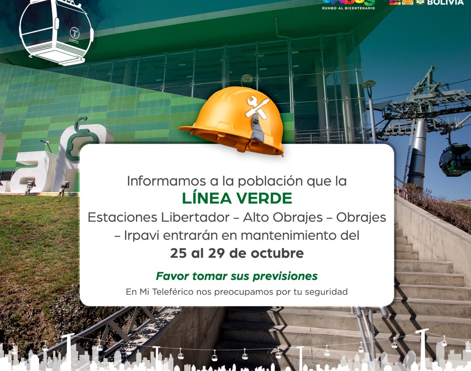 Línea Verde de Mi Teleférico estará en mantenimiento hasta el domingo 