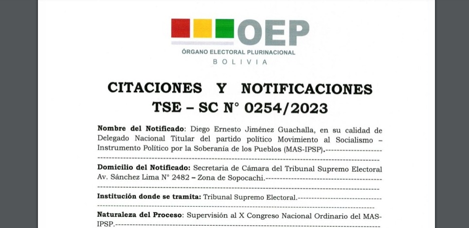 TSE notifica al MAS con resolución que rechaza congreso de Lauca Ñ por incumplimiento de al menos tres requisitos
