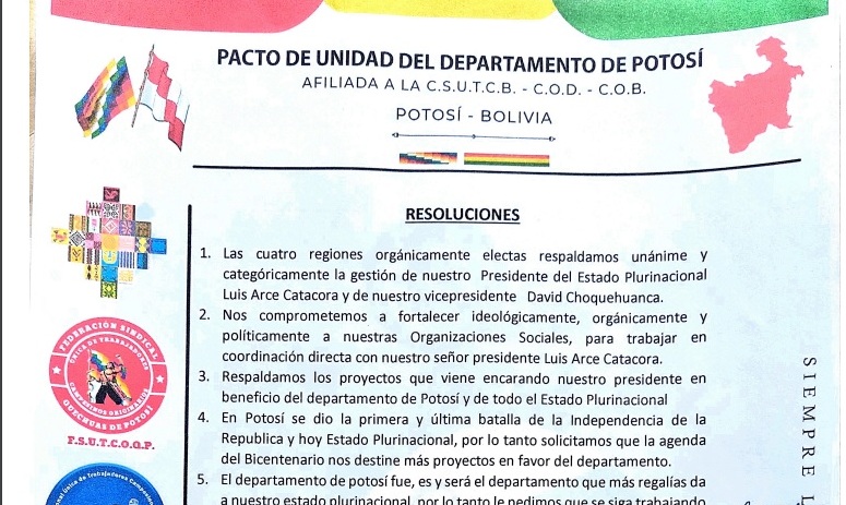 Organizaciones sociales de Potosí emiten voto resolutivo de apoyo al gobierno de Luis Arce
