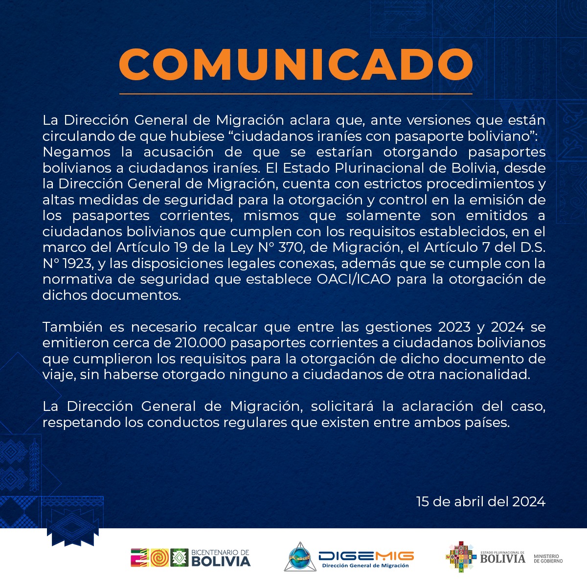 Migración descarta otorgación de pasaportes bolivianos a ciudadanos iraníes