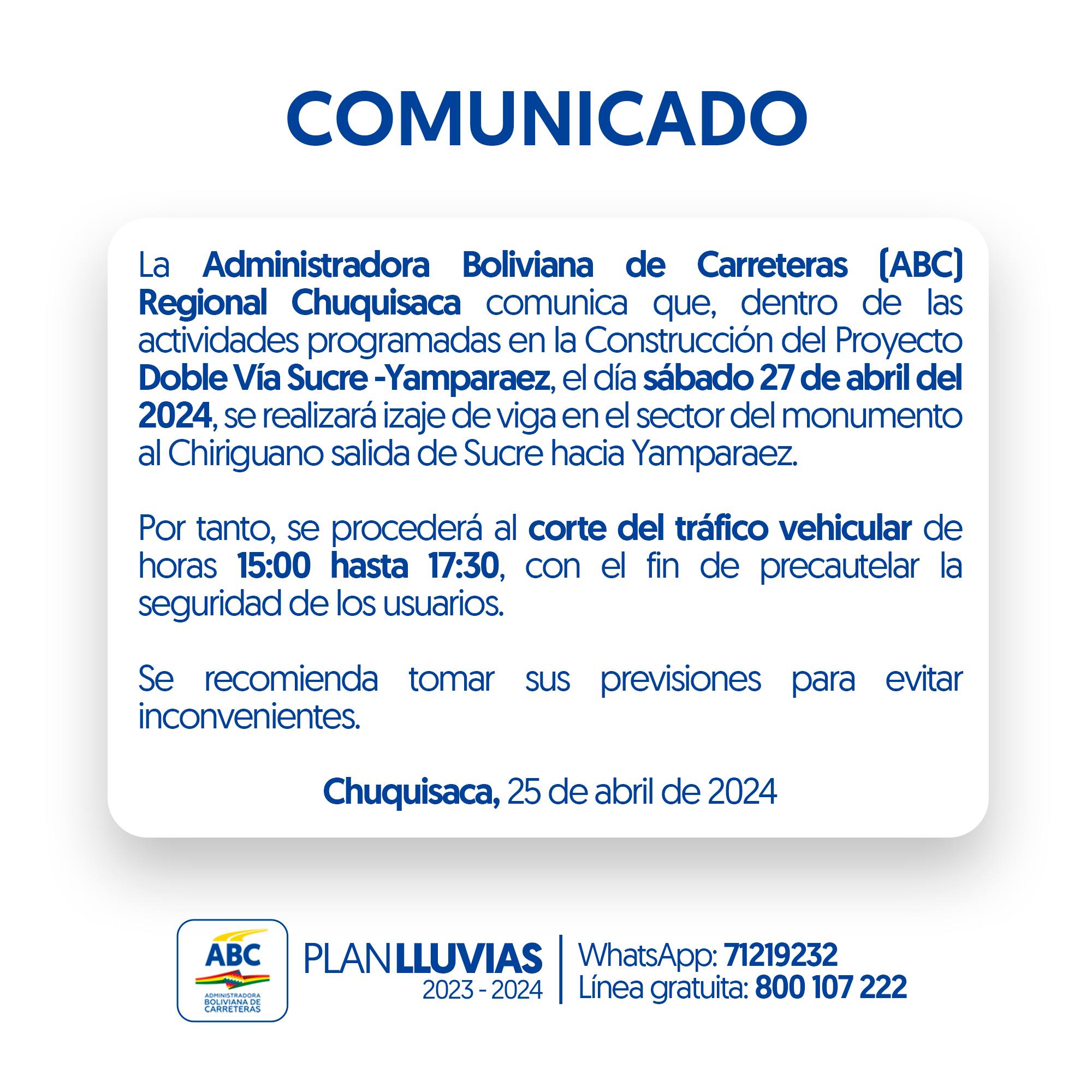 ABC anuncia cierre del tráfico vehicular este sábado en salida de Sucre hacia Yamparaez