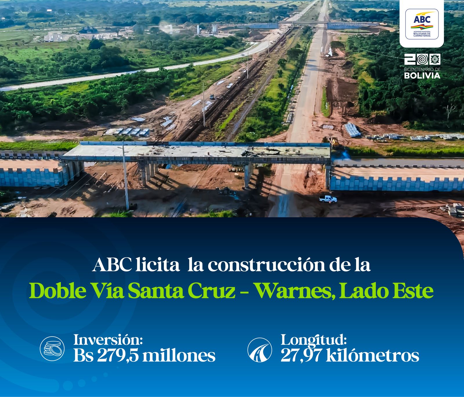 Licitan construcción de la doble vía Santa Cruz – Warnes que demanda Bs 279,5 millones de inversión