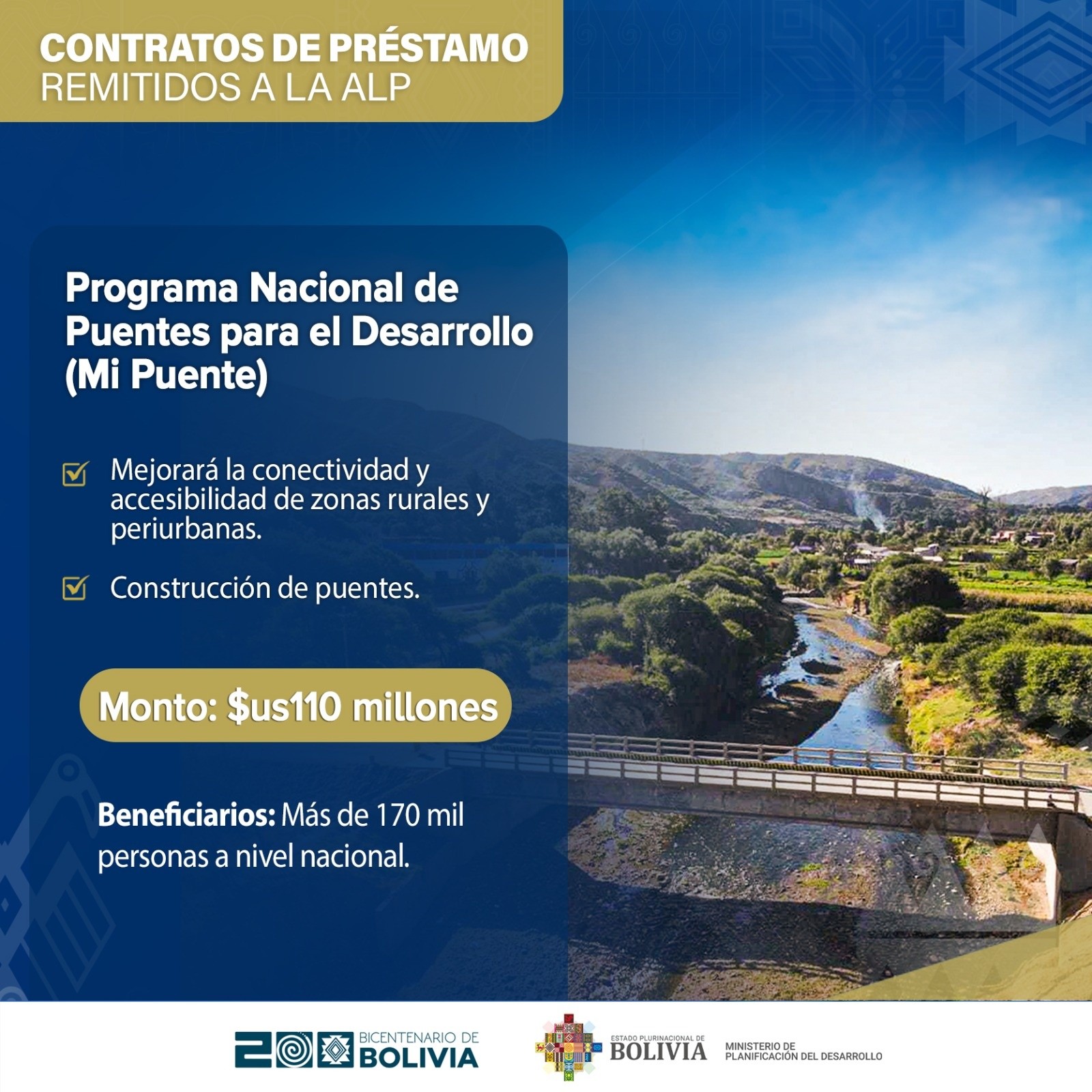 Gobierno envía al Legislativo contrato de préstamo por $us 110 millones para construir 300 puentes