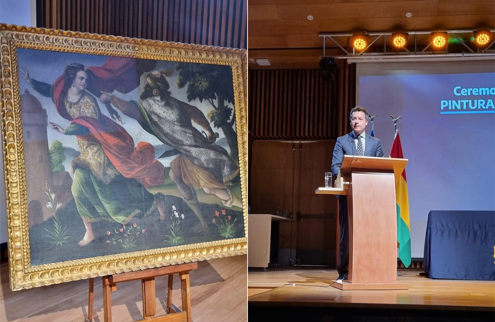 Ceremonia de restitución pintura "Santa Bárbara". Foto: Cancillería Bolivia