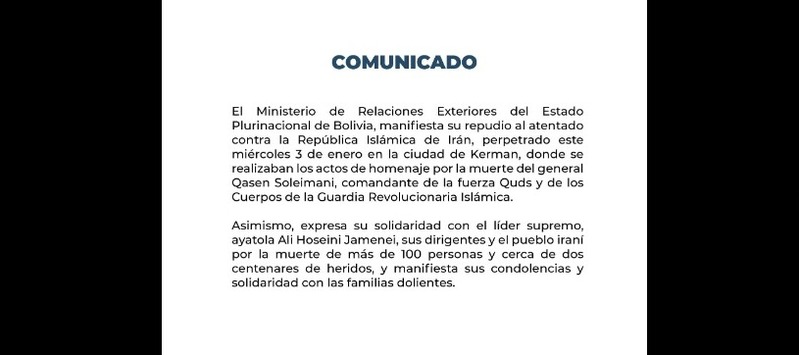 Bolivia condena atentado que deja más de 100 muertos en Irán