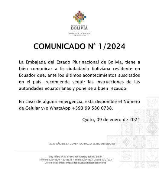 Embajada de Bolivia en Ecuador pide a connacionales ponerse a buen recaudo y habilita línea de emergencia