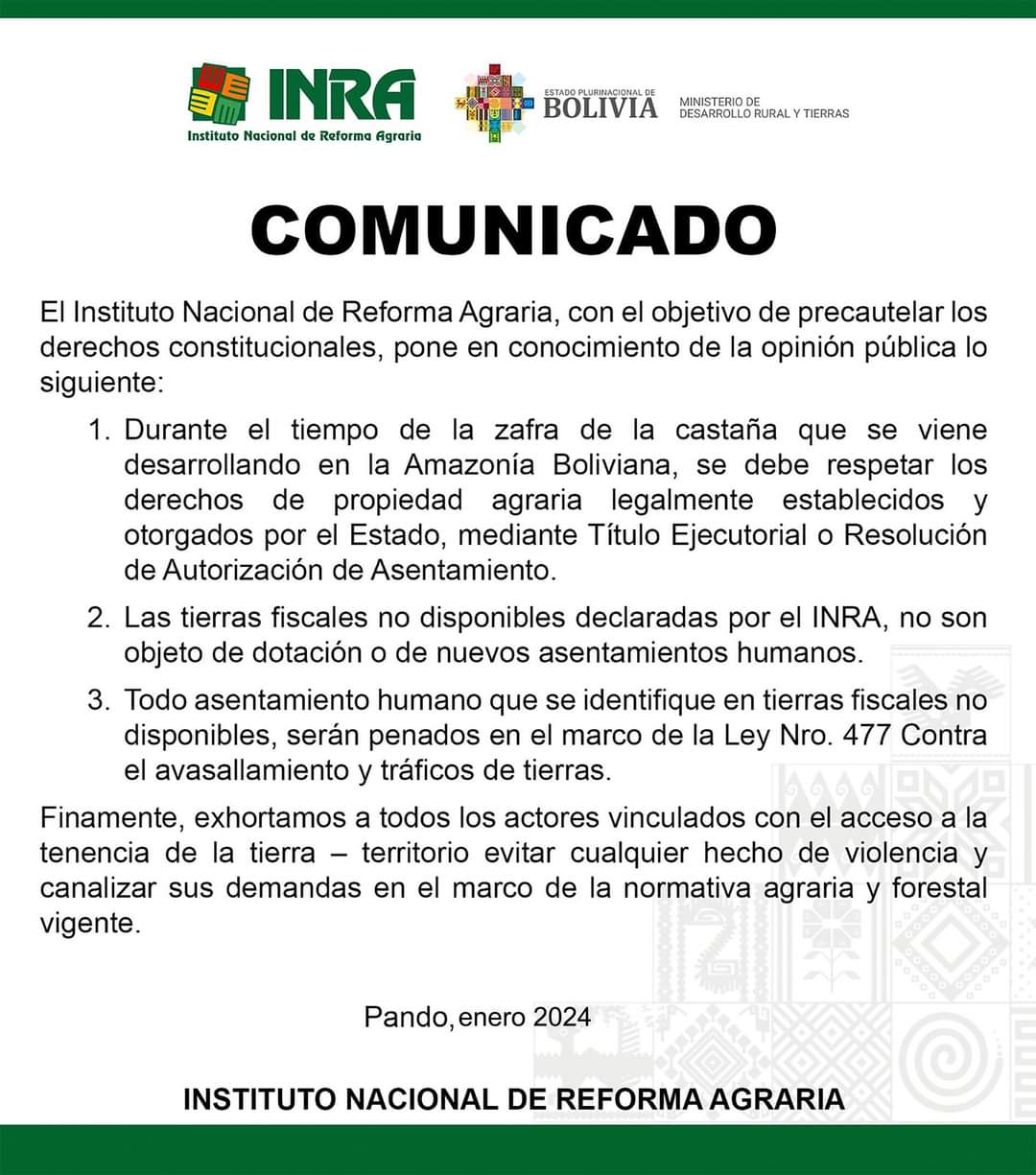 INRA pide respeto a derechos de propiedad agraria durante la zafra de castaña en la Amazonía