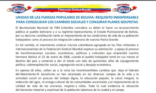 Movimiento sindical de Colombia hace un llamado a la unidad de las fuerzas populares en Bolivia