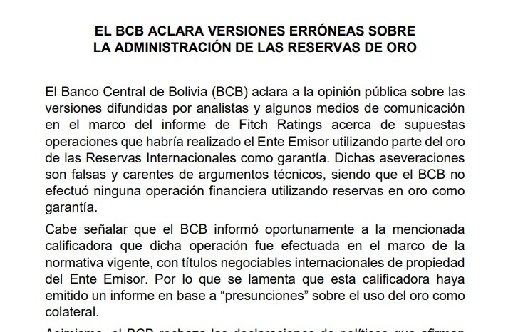BCB desmiente a calificadora sobre uso de reservas como garantía, las reservas de oro llegan a 23,51 toneladas