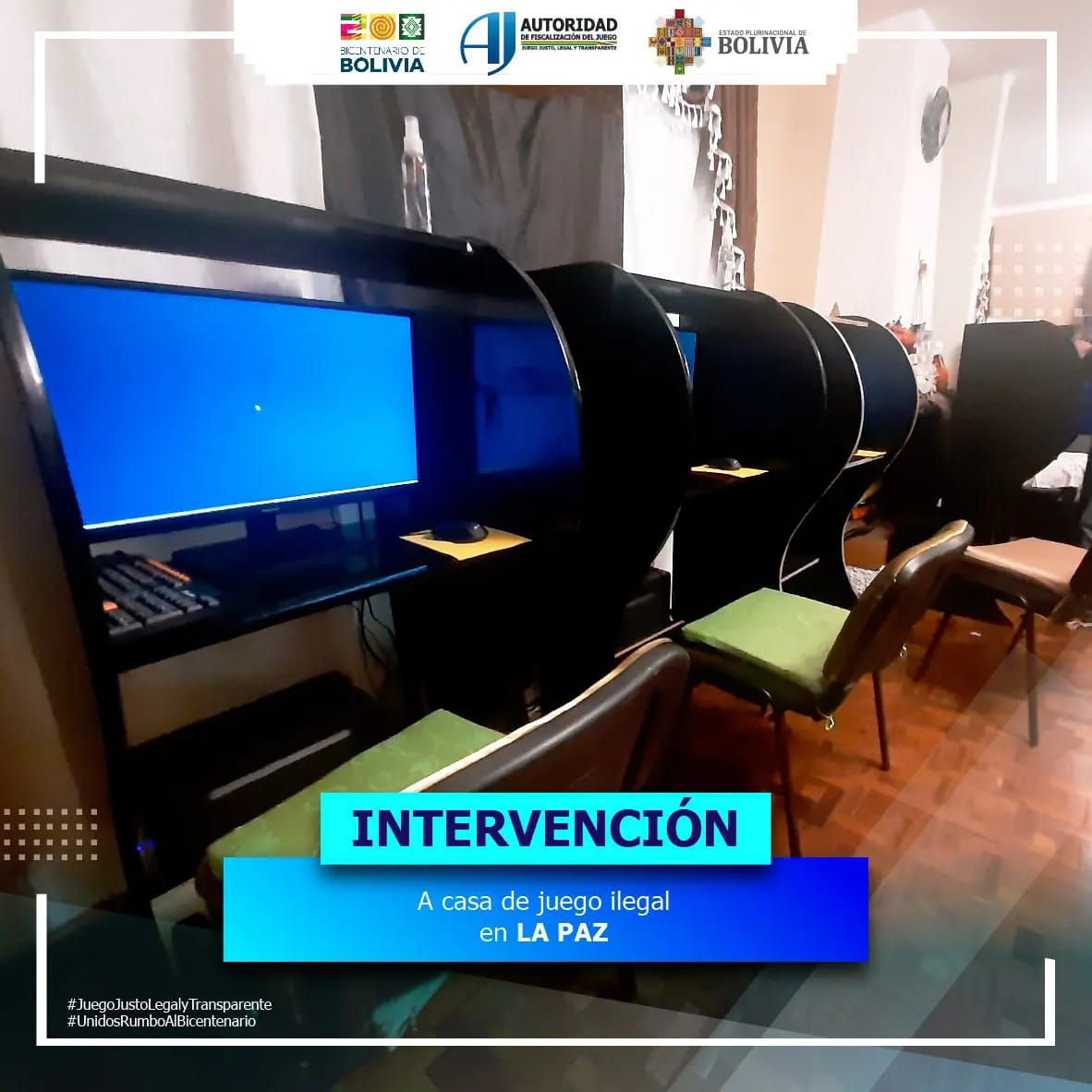 Autoridad del Juego interviene en el centro paceño local clandestino de juegos de azar