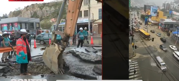 Lluvias provocan hundimiento de plataforma en la calle 17 de Obrajes de La Paz