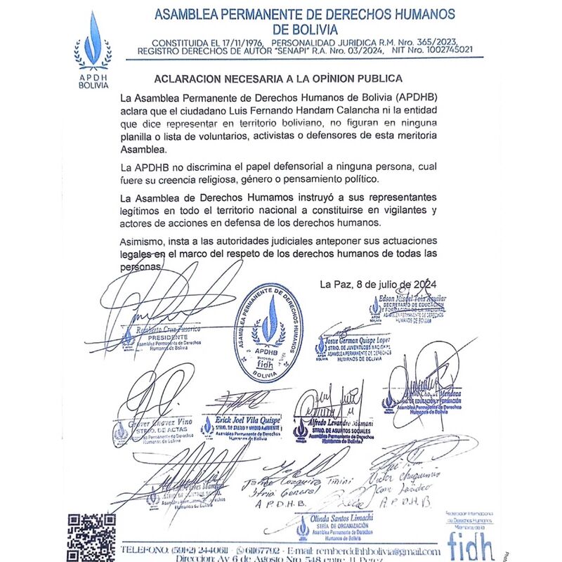 Apdhb asegura que Handam o la institución que dice representar no figuran como activista o voluntario