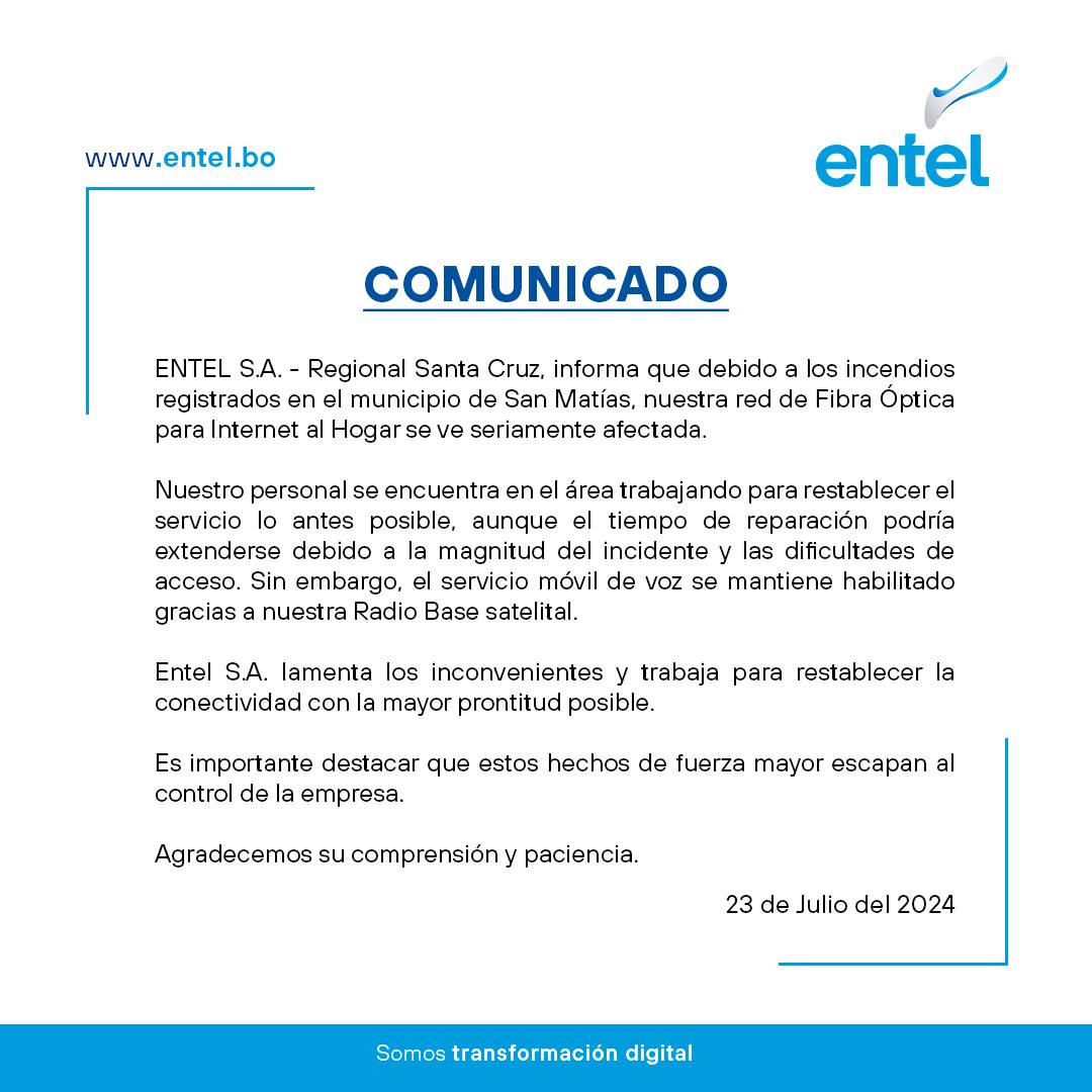 Incendios en San Matías afectan red de Fibra Óptica, Entel trabaja para restablecer el servicio lo antes posible