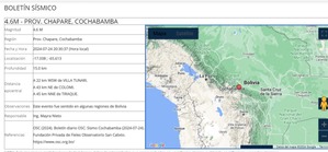 Sismo de magnitud 4.6 se registra en Cochabamba y se siente en Oruro y La Paz