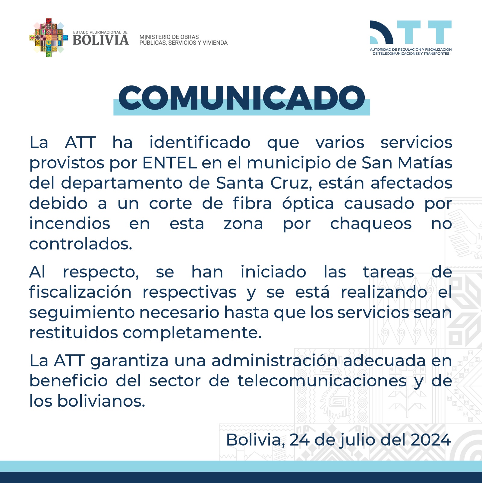 ATT hará seguimiento a Entel hasta que sus servicios sean restituidos en San Matías 