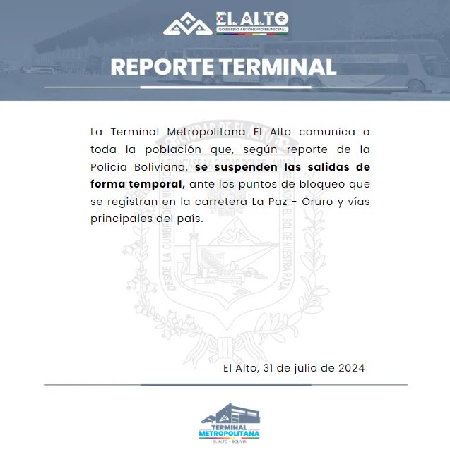 Terminales de buses de La Paz y El Alto suspenden salidas temporalmente por bloqueos