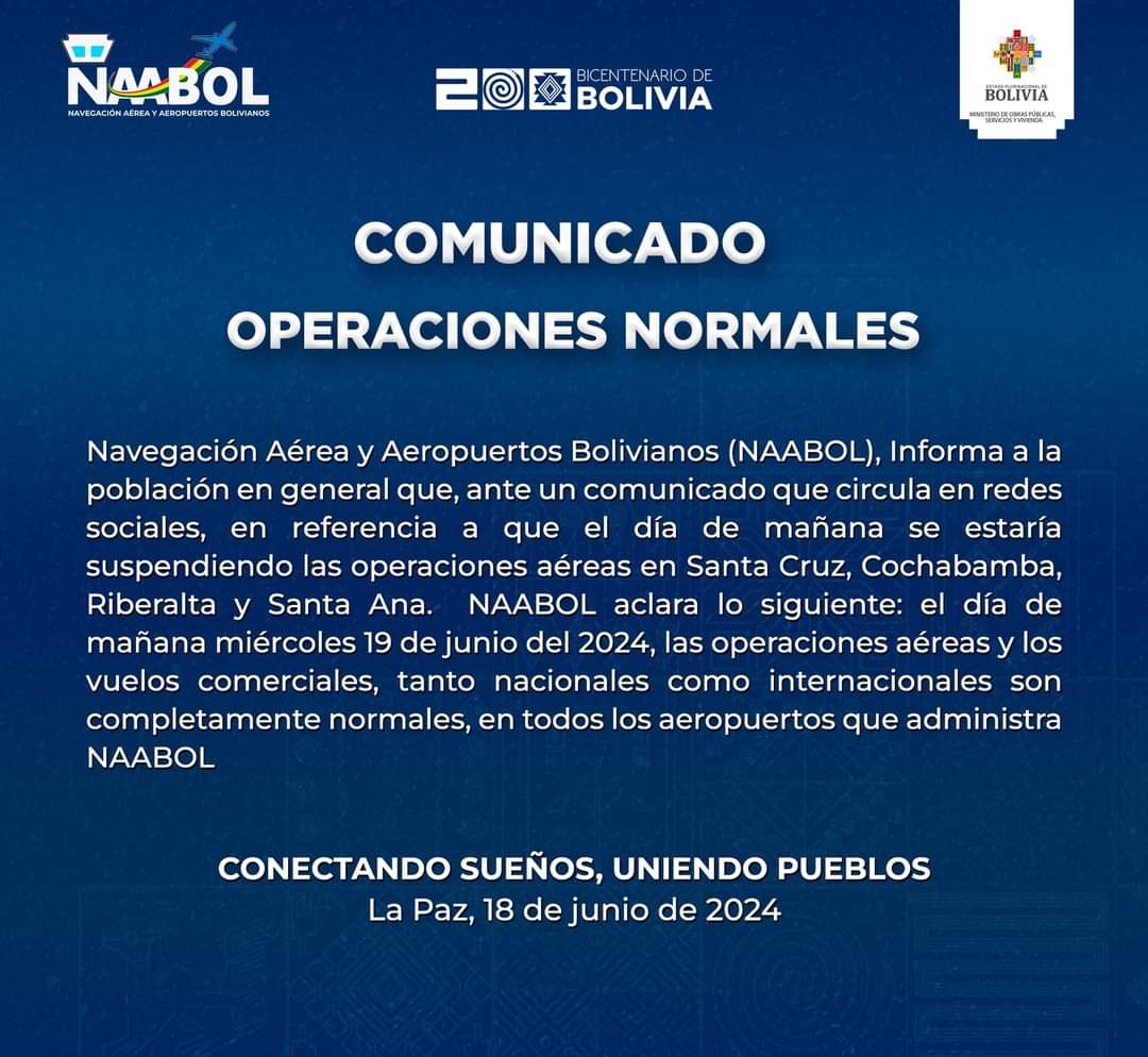 Naabol aclara que las operaciones y vuelos comerciales serán normales este miércoles