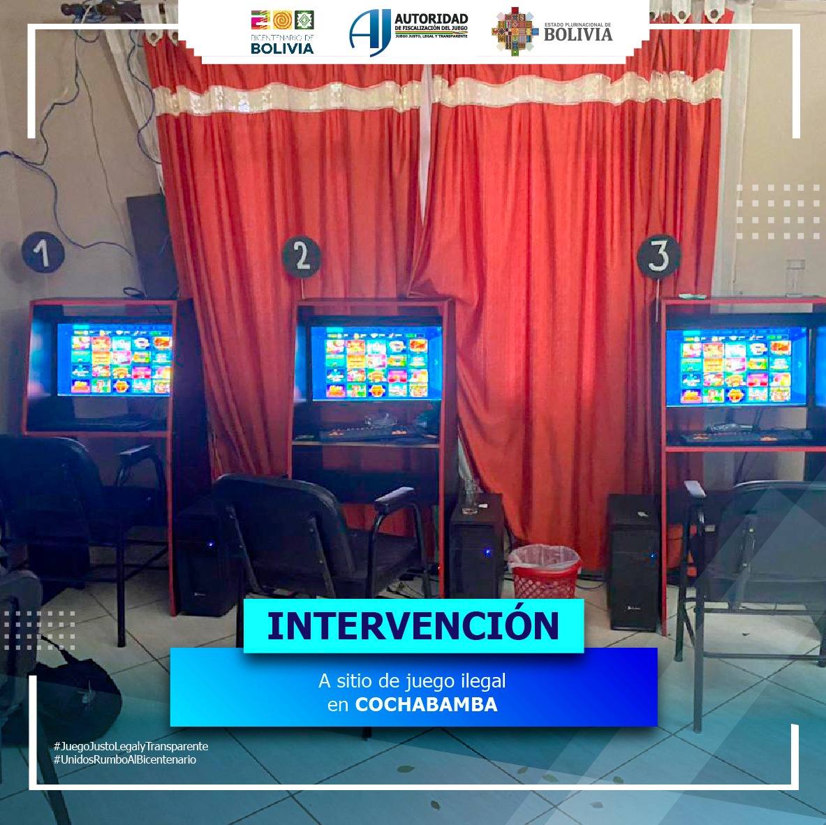 La AJ interviene en Cochabamba casa ilegal de juegos e incauta 12 máquinas de azar 