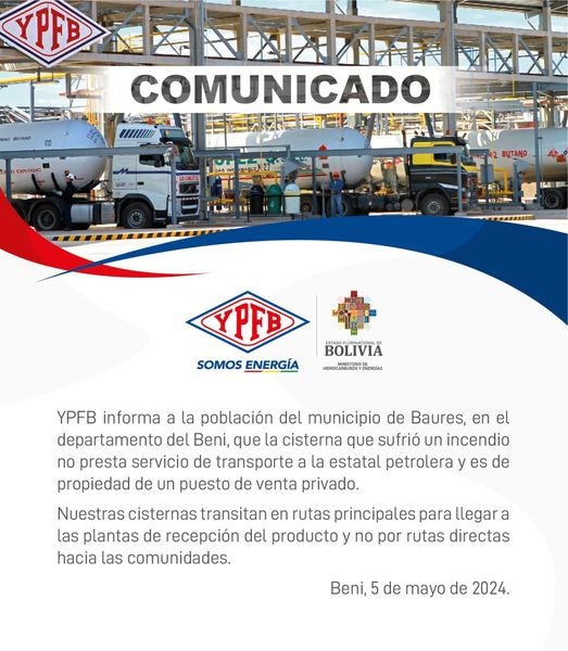 Cisterna que sufrió incendio en Baures no presta servicio de transporte a YPFB 