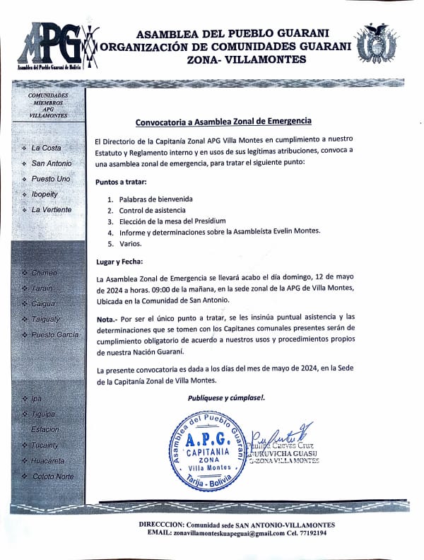 Pueblo Guaraní de Villa Montes se reunirá este domingo para elegir a su nueva representante ante la Asamblea del Chaco