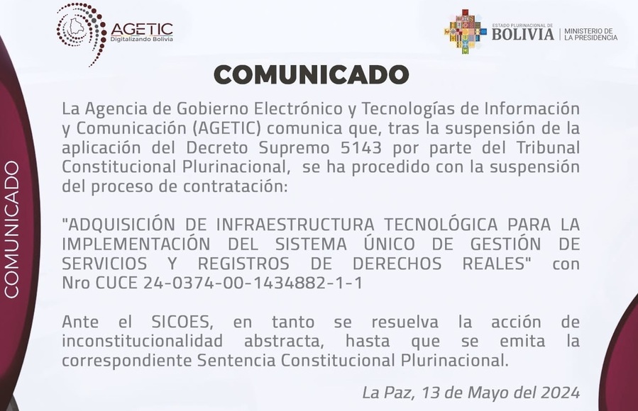 Agetic suspende proceso de contratación de infraestructura tecnológica para el Sistema de Derechos Reales