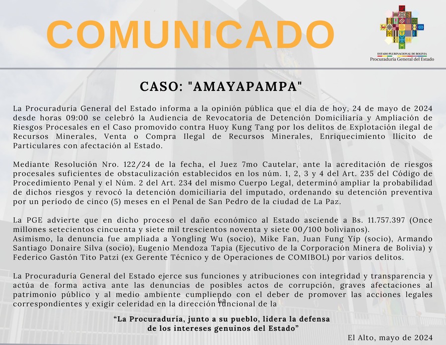 Caso Amayapampa: Justicia determina detención preventiva de Huoy Kung Tang y amplía proceso contra otras seis personas