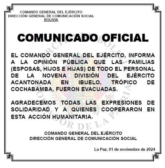 Evacúan a familias de militares de la Novena División del Ejército en el Trópico de Cochabamba