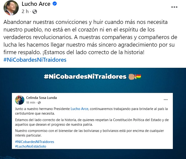 Arce saluda respaldo de autoridades y afirma que huir no está en los verdaderos revolucionarios