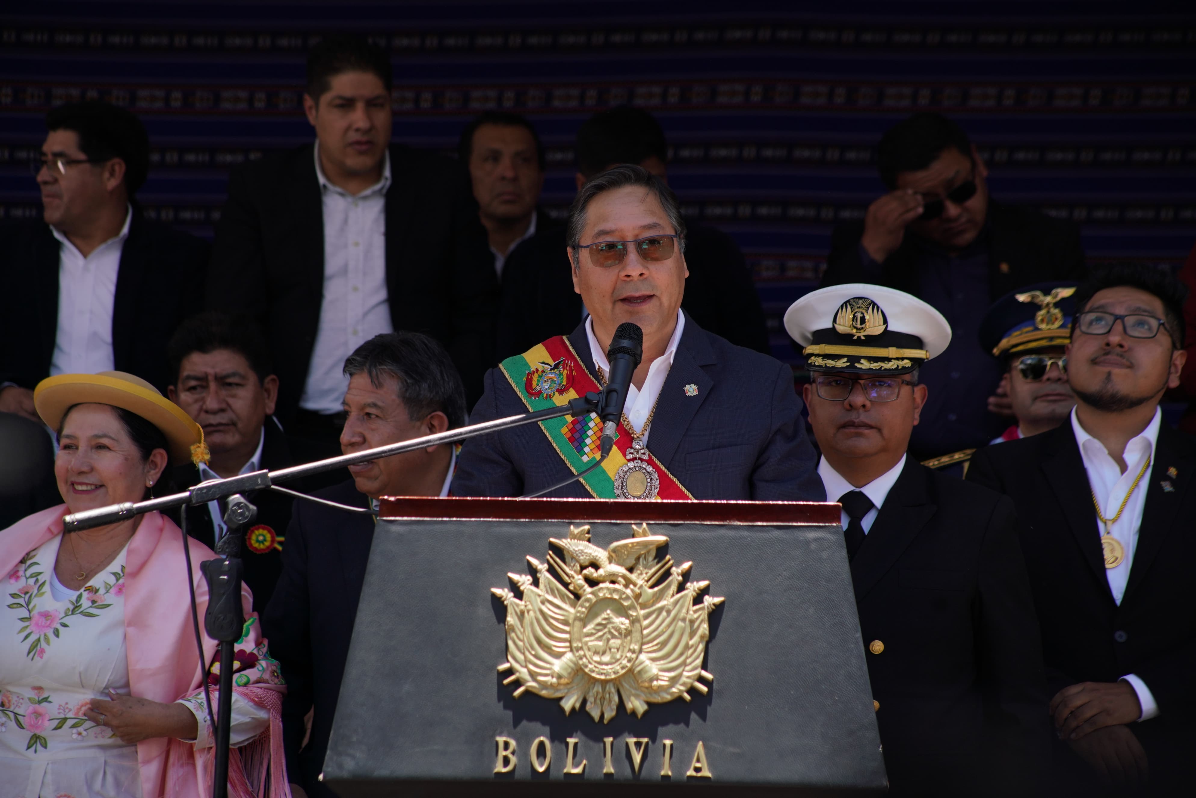 El presidente Luis Arce durante su discurso en plaza Murillo. Foto: Jorge Mamani.