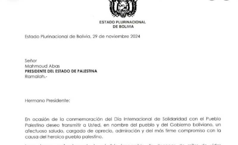 Arce reafirma demanda de cese inmediato a la “brutal agresión” contra Palestina