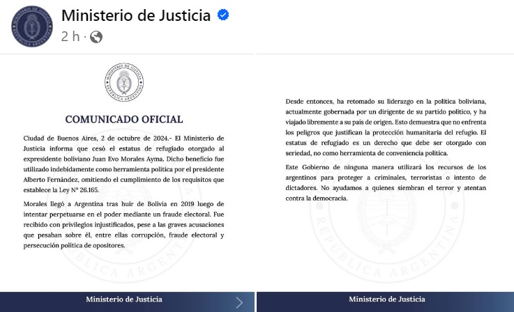Gobierno de Milei cesa refugio otorgado a Evo Morales en 2019