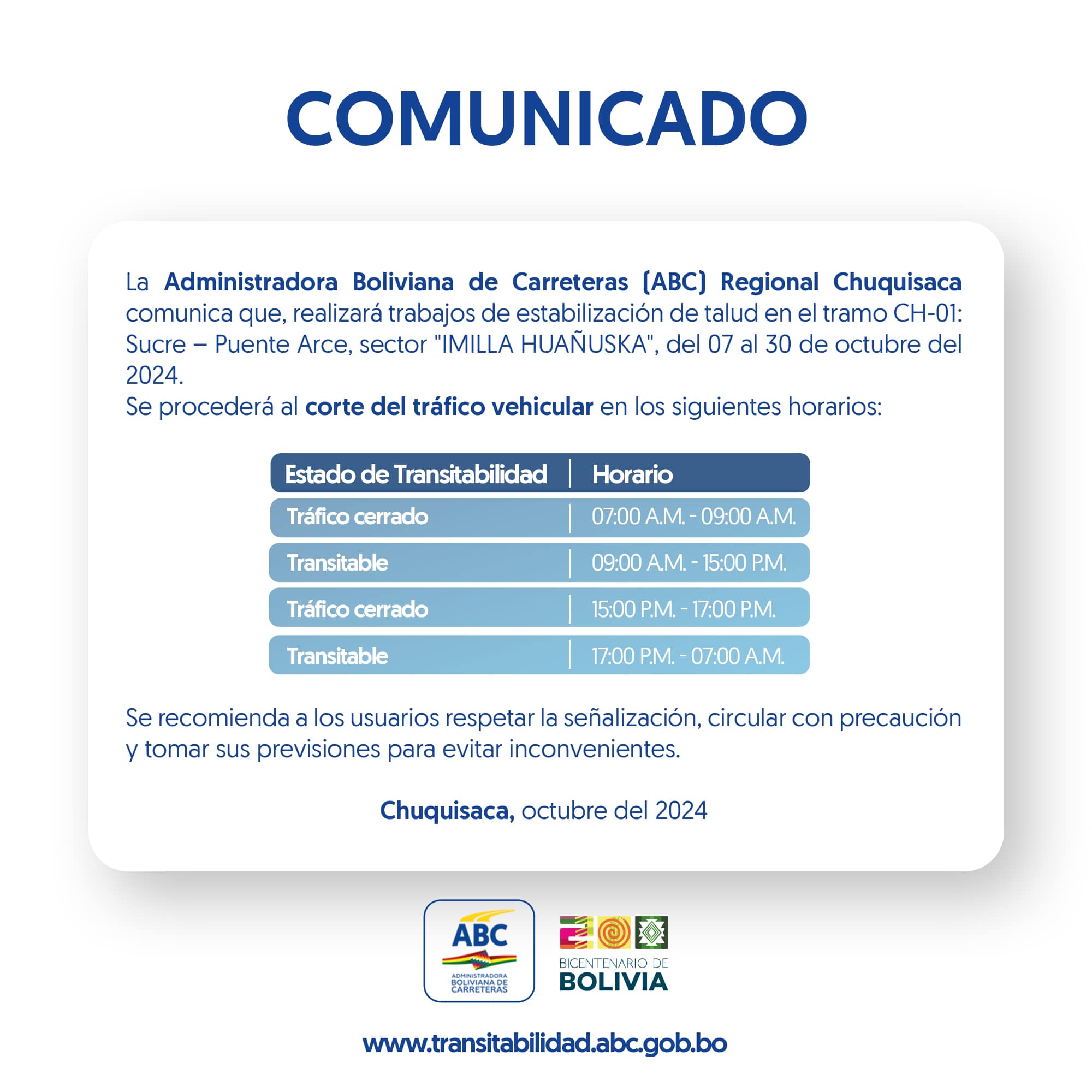 Cortarán tráfico vehicular en el tramo Sucre – Puente Arce del 7 al 30 de octubre por horarios