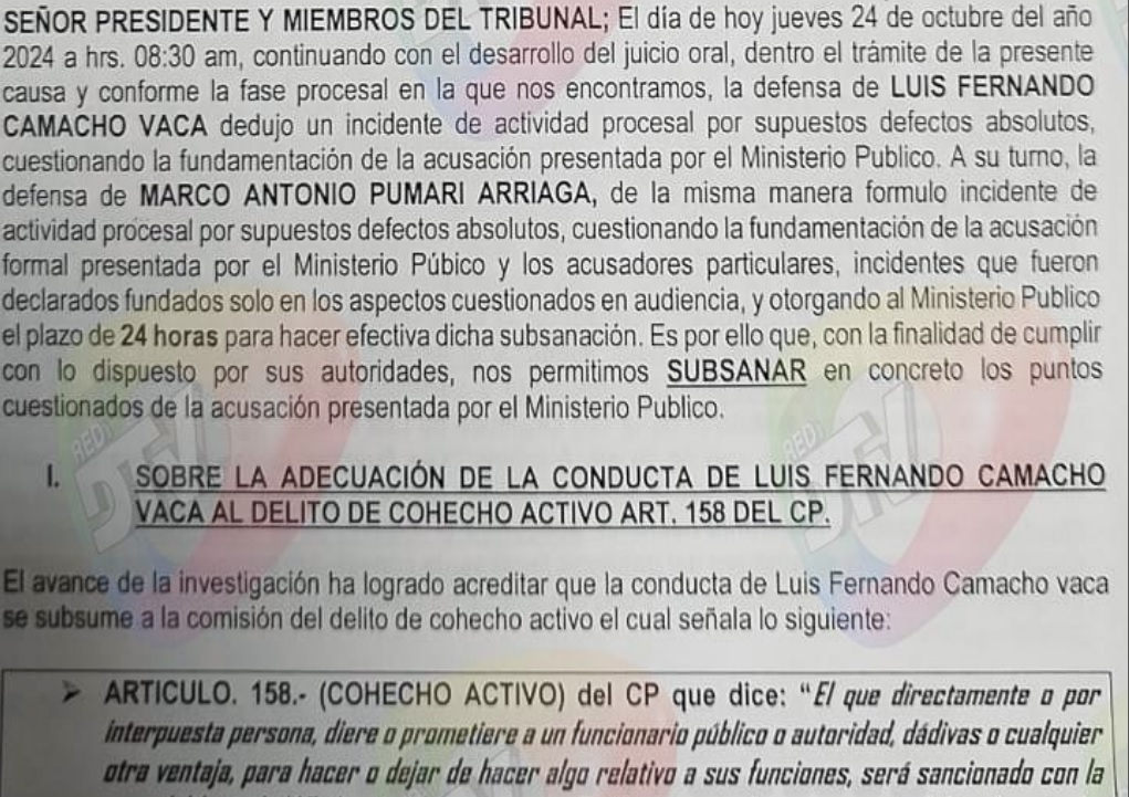 Fiscalía subsana acusación contra Pumari y Camacho en caso Golpe de Estado I