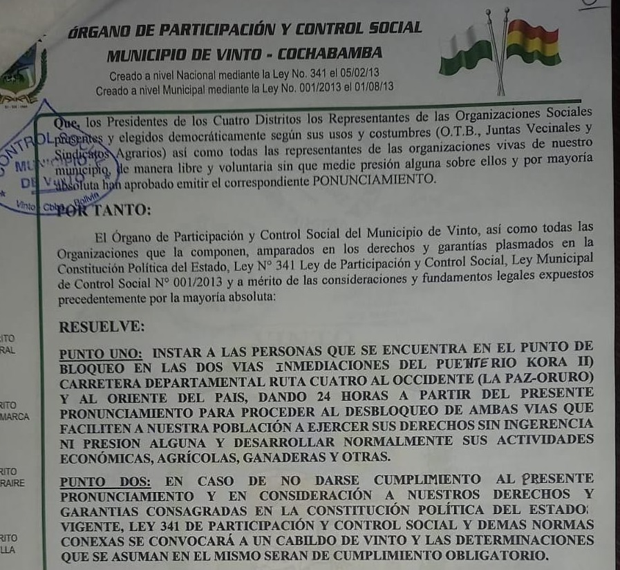 Control social de Vinto advierte con medidas si evistas no levantan bloqueo en el puente Kora
