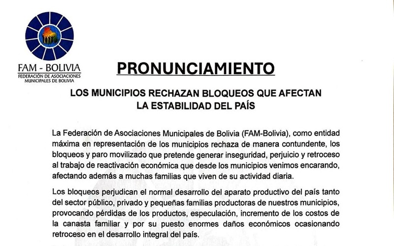 Alcaldías de Bolivia advierten que conflictos apuntan a quebrantar el orden constitucional