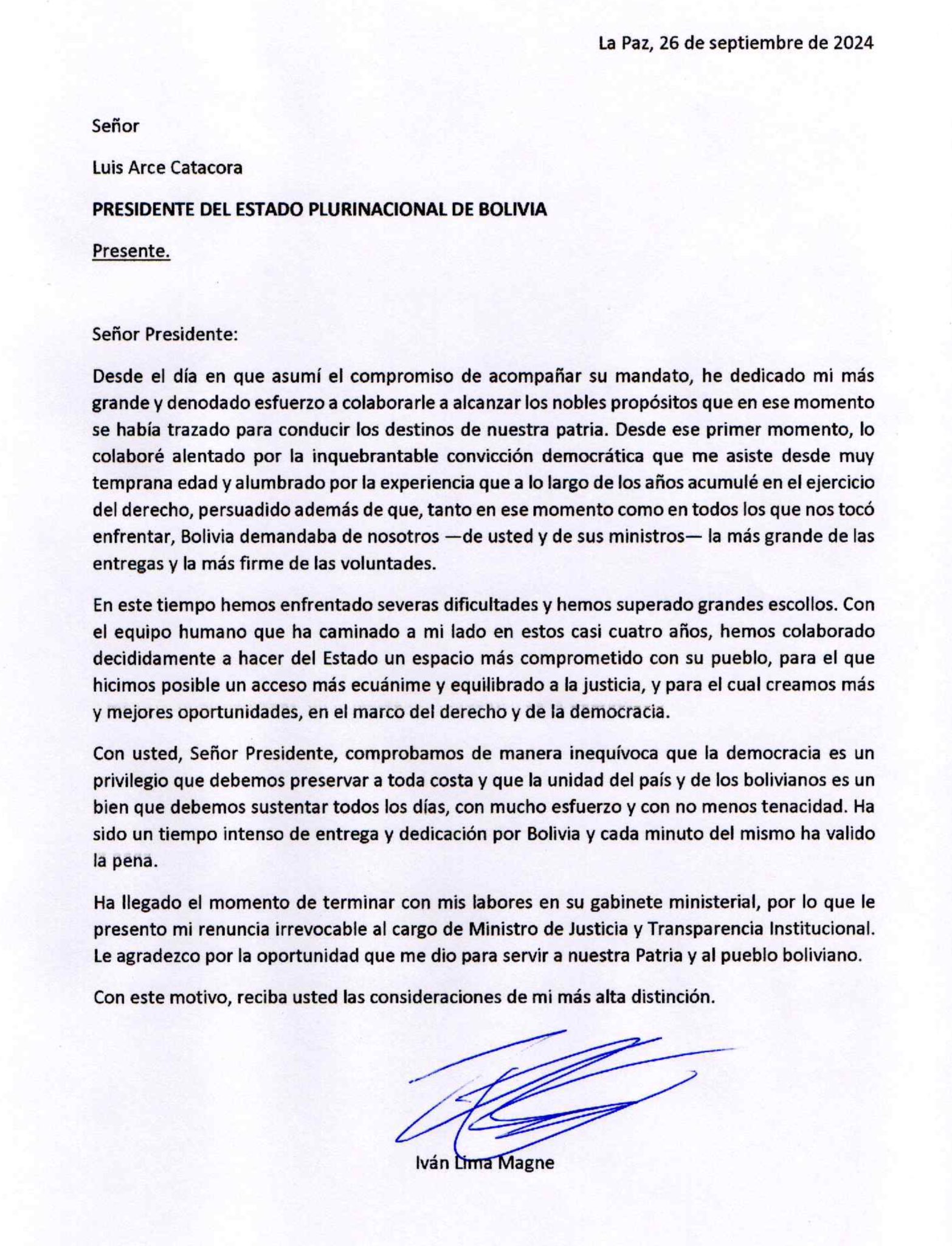Iván Lima renuncia al cargo de ministro de Justicia y afirma que la democracia es un privilegio que se debe preservar