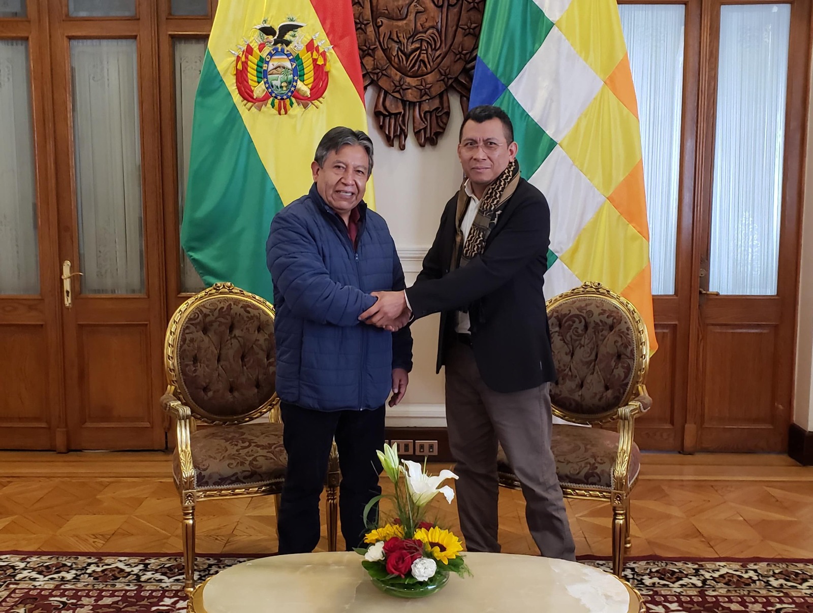 Vicepresidente, David Choquehuanca en reunión de trabajo con el secretario técnico del Fondo para el Desarrollo de los Pueblos Indígenas de América Latina y el Caribe (FILAC), Darío Mejía. Foto: VPEP