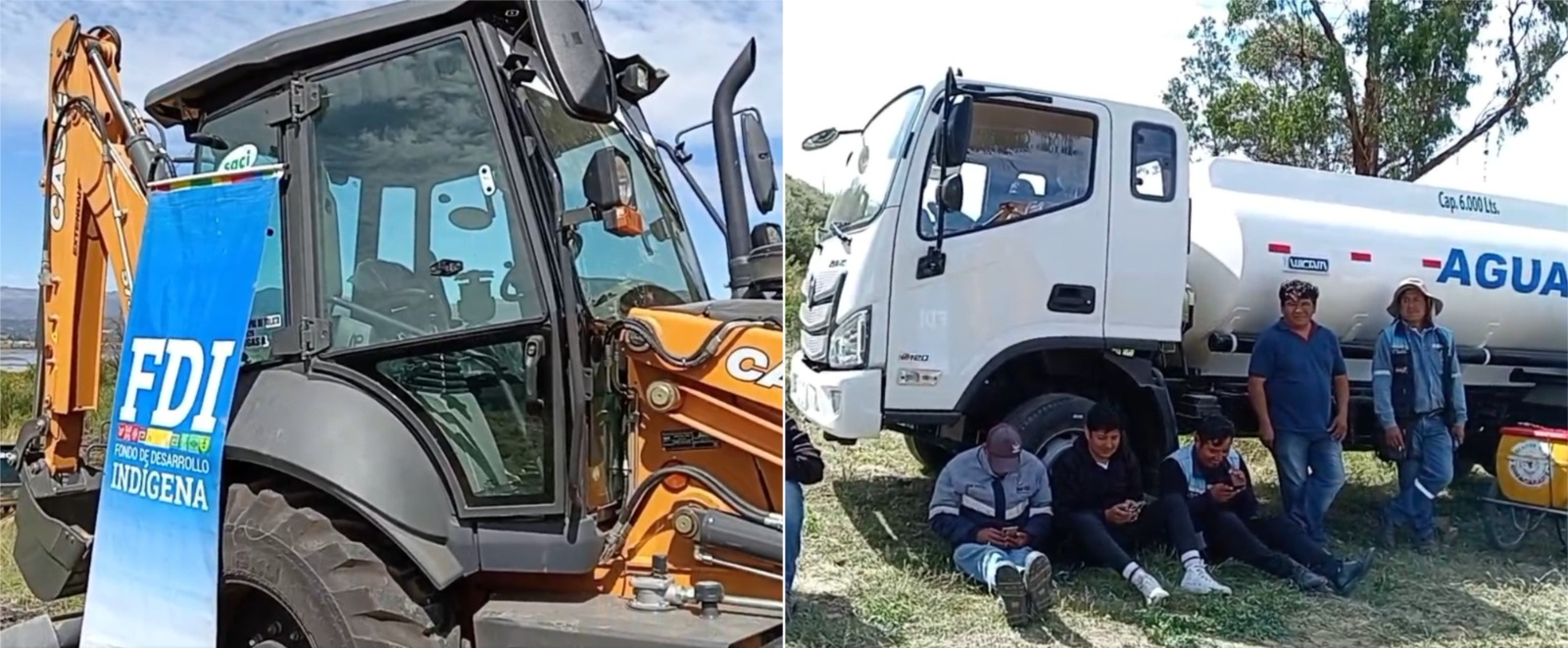 Excavadora hidráulica y camión cisterna entregados en Tolata, Cochabamba. Captura: MDRyT